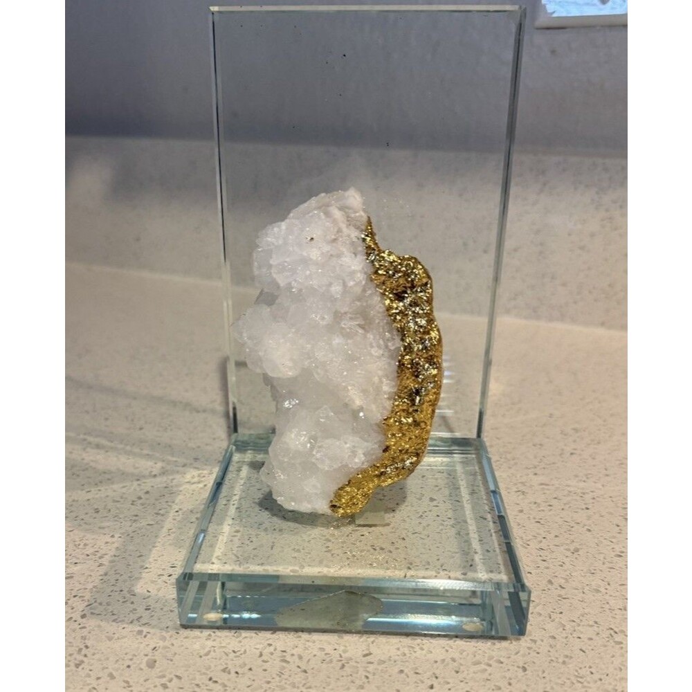 White Quartz Gold Edged And Glass Bookend Geode Decor Rock Is 4 Inches Tall